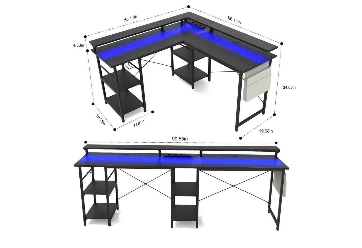 BBWL Computertisch L-förmiger Gaming-Schreibtisch mit LED, Steckdose, Monitorständer, 140 x 140 x 85 cm,mit Ablagefach, langer 2-Personen-Schreibtisch – Bild 2 von 5