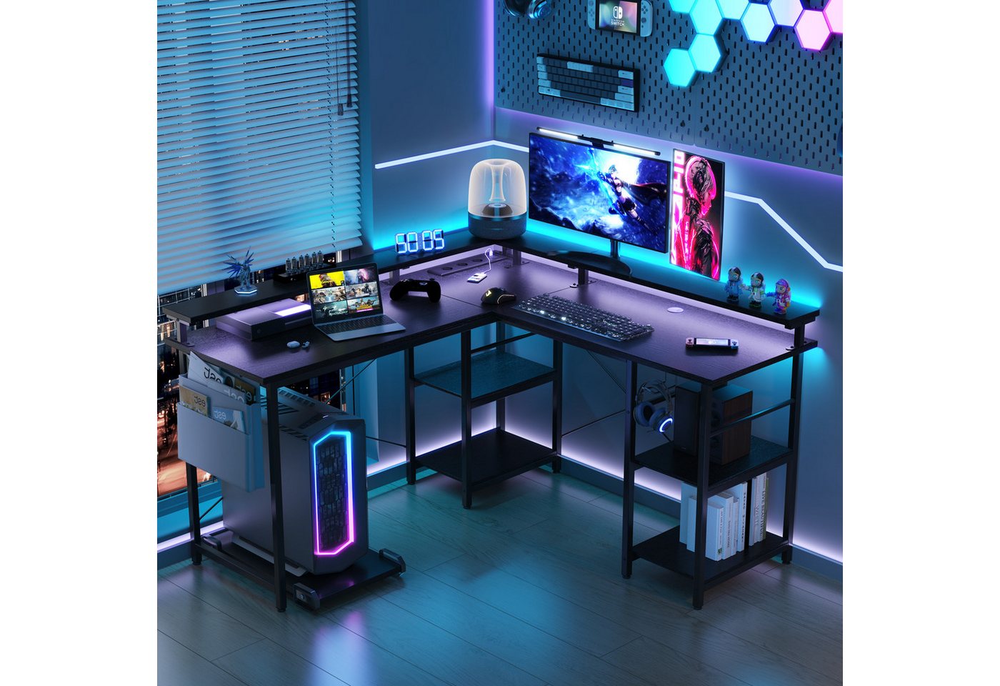 BBWL Computertisch L-förmiger Gaming-Schreibtisch mit LED, Steckdose, Monitorständer, 140 x 140 x 85 cm,mit Ablagefach, langer 2-Personen-Schreibtisch – Bild 3 von 5