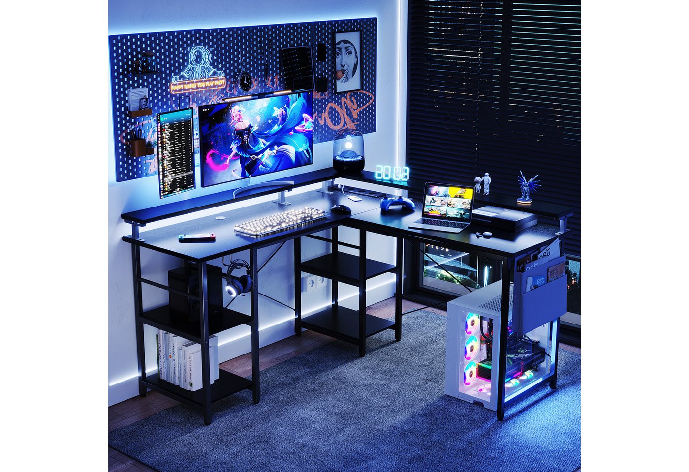 BBWL Computertisch L-förmiger Gaming-Schreibtisch mit LED, Steckdose, Monitorständer, 140 x 140 x 85 cm,mit Ablagefach, langer 2-Personen-Schreibtisch – Bild 4 von 5