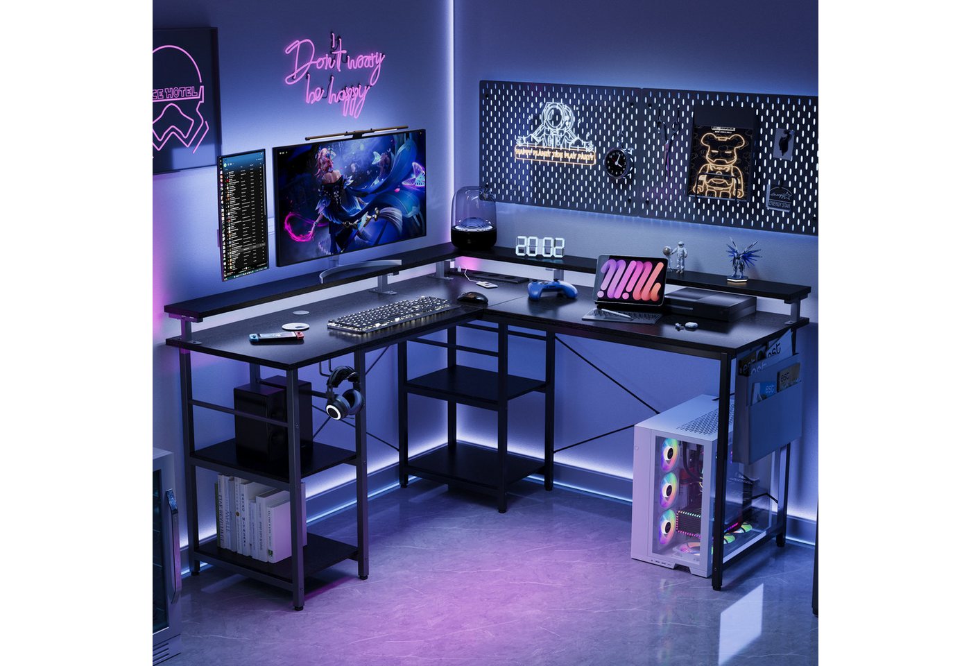 BBWL Computertisch L-förmiger Gaming-Schreibtisch mit LED, Steckdose, Monitorständer, 140 x 140 x 85 cm,mit Ablagefach, langer 2-Personen-Schreibtisch – Bild 5 von 5