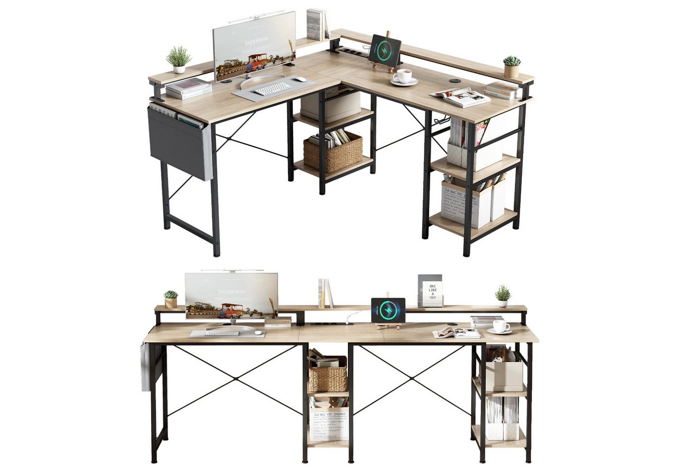 BBWL Computertisch L-förmiger Gaming-Schreibtisch mit LED, Steckdose, Monitorständer, 140 x 140 x 85 cm,mit Ablagefach, langer 2-Personen-Schreibtisch – Bild 2 von 5