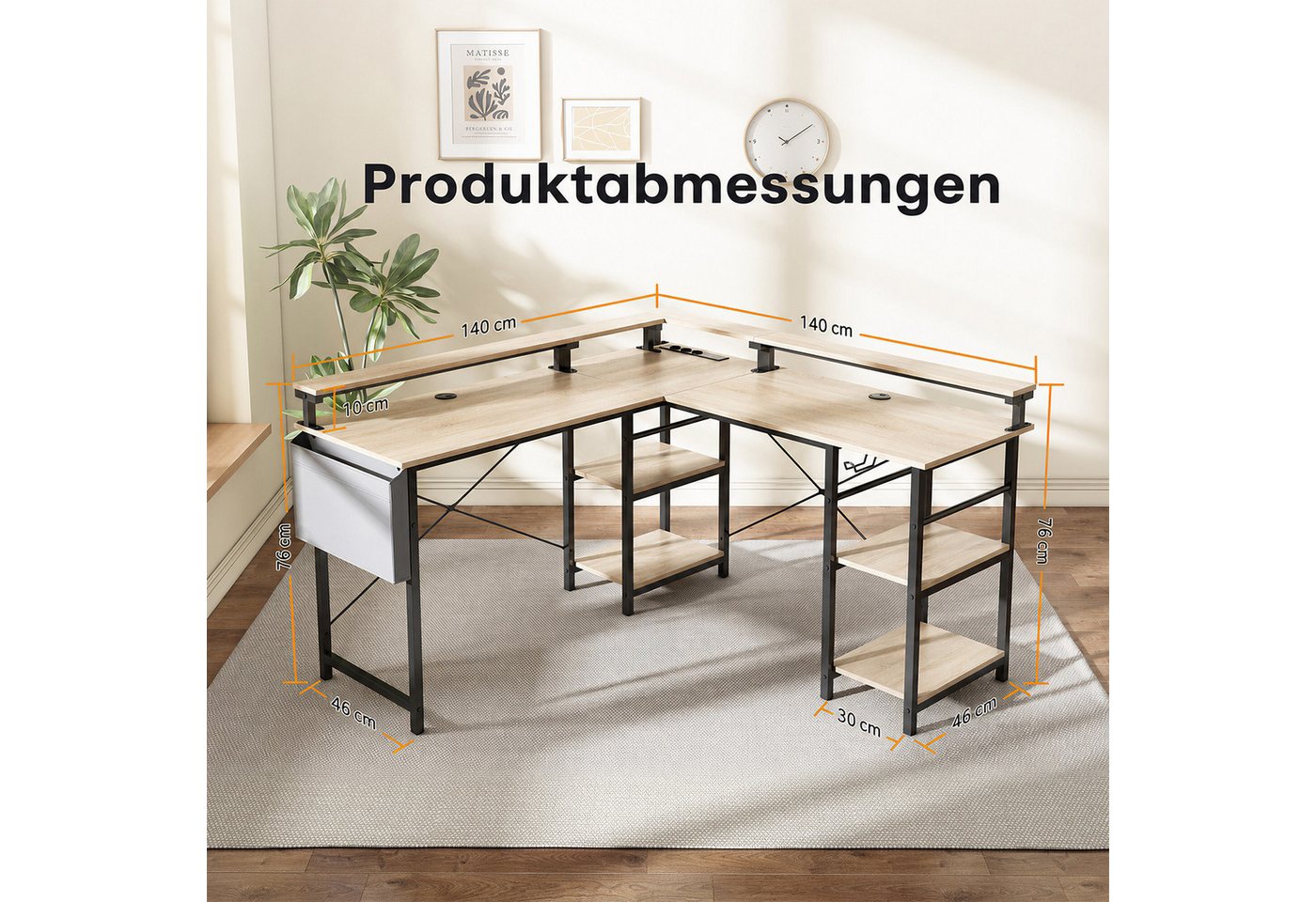 BBWL Computertisch L-förmiger Gaming-Schreibtisch mit LED, Steckdose, Monitorständer, 140 x 140 x 85 cm,mit Ablagefach, langer 2-Personen-Schreibtisch – Bild 3 von 5