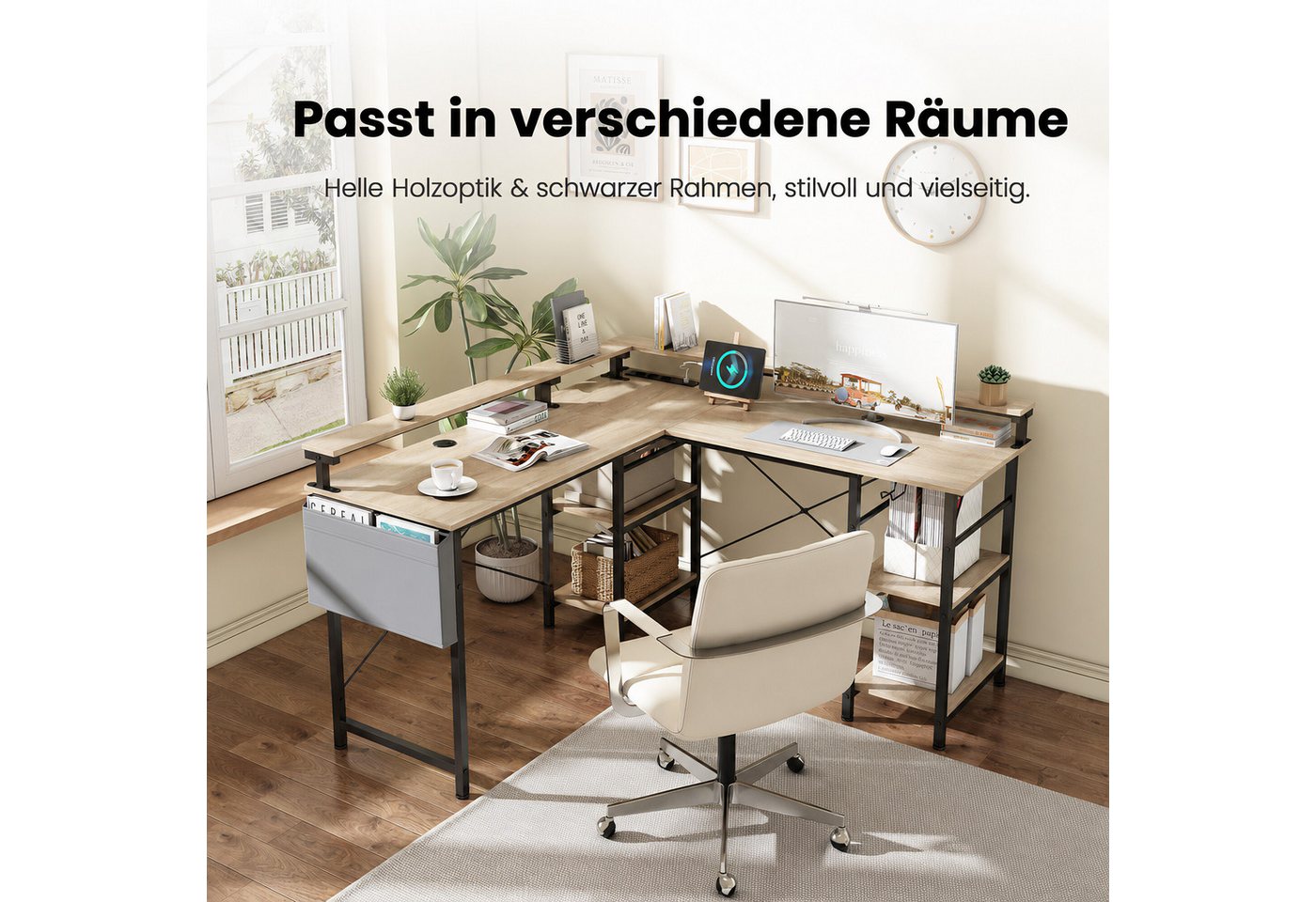 BBWL Computertisch L-förmiger Gaming-Schreibtisch mit LED, Steckdose, Monitorständer, 140 x 140 x 85 cm,mit Ablagefach, langer 2-Personen-Schreibtisch – Bild 4 von 5