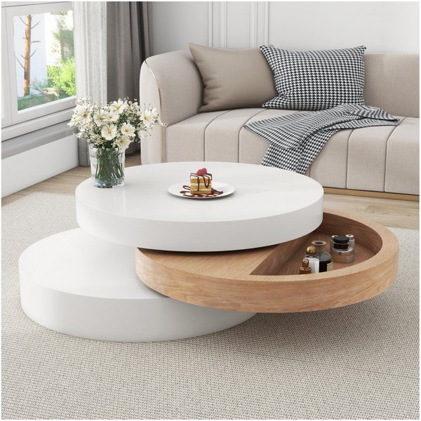 BBWL Couchtisch 360° mit Stauraum, 3 Ebenen, ausziehbarer Tischplatte, MDF, Drehbarer Couchtisch, moderner Wohnzimmertisch Weiß/Natur