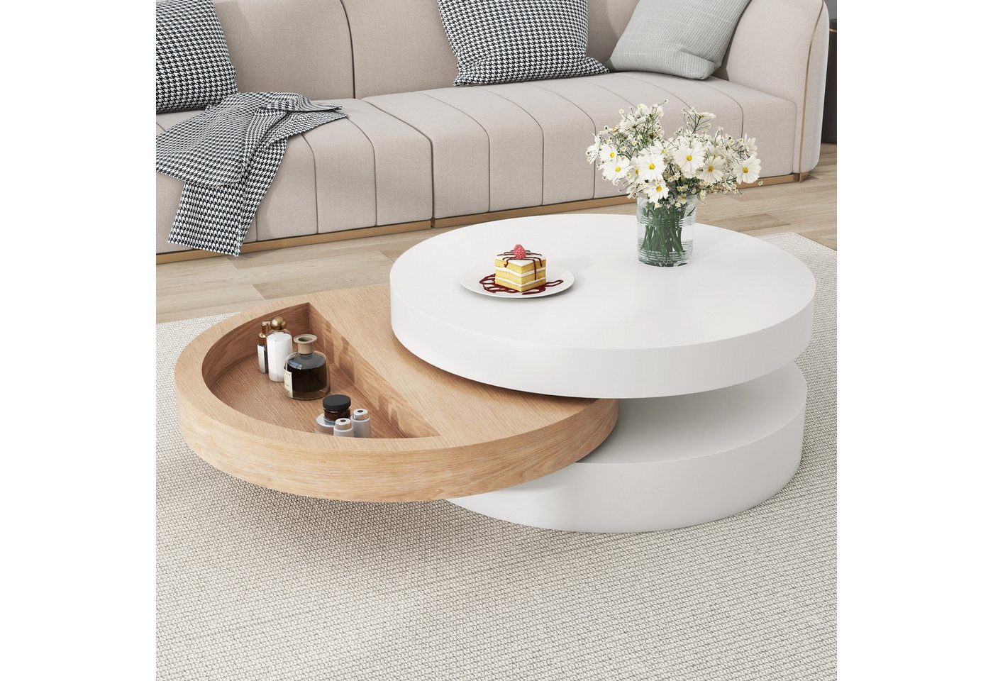 BBWL Couchtisch 360° mit Stauraum, 3 Ebenen, ausziehbarer Tischplatte, MDF, Drehbarer Couchtisch, moderner Wohnzimmertisch Weiß/Natur – Bild 3 von 5