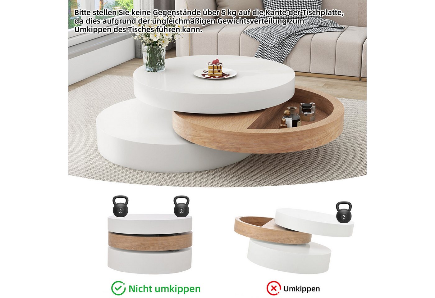 BBWL Couchtisch 360° mit Stauraum, 3 Ebenen, ausziehbarer Tischplatte, MDF, Drehbarer Couchtisch, moderner Wohnzimmertisch Weiß/Natur – Bild 5 von 5