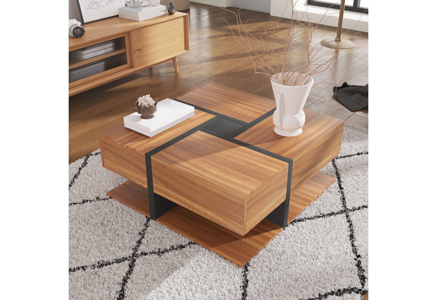 BBWL Couchtisch 78 x 78 x 36 cm, 4 Schubladen, offenes Ablagefach, große Tischfläche (quadratisches Design, Linienmuster, Spanplatte, moderner Wohnzimmertisch) – Bild 2 von 5
