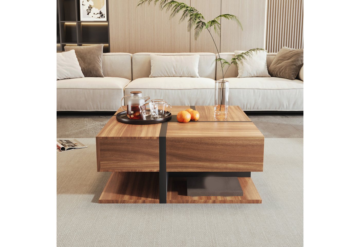 BBWL Couchtisch 78 x 78 x 36 cm, 4 Schubladen, offenes Ablagefach, große Tischfläche (quadratisches Design, Linienmuster, Spanplatte, moderner Wohnzimmertisch) – Bild 3 von 5