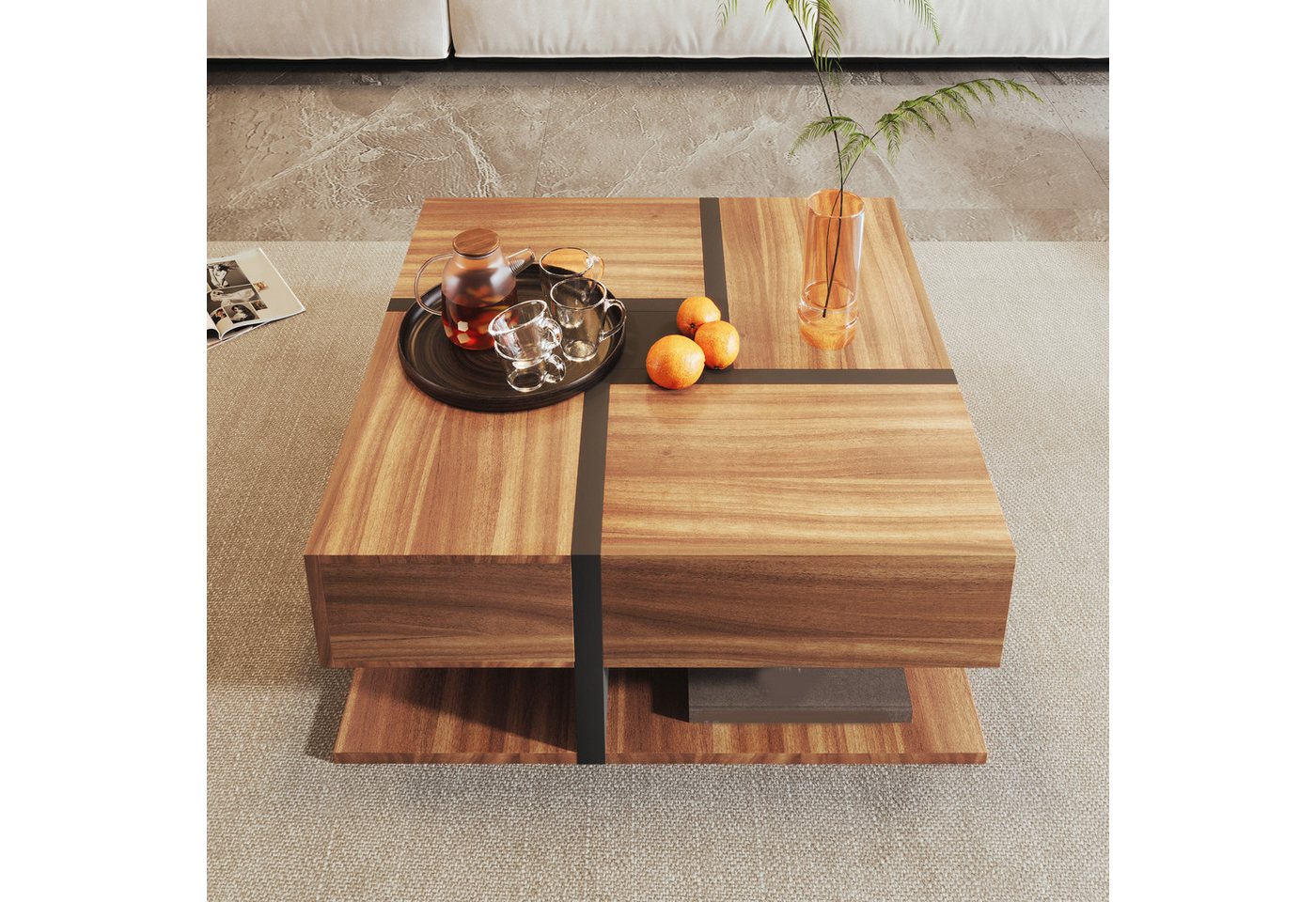 BBWL Couchtisch 78 x 78 x 36 cm, 4 Schubladen, offenes Ablagefach, große Tischfläche (quadratisches Design, Linienmuster, Spanplatte, moderner Wohnzimmertisch) – Bild 4 von 5