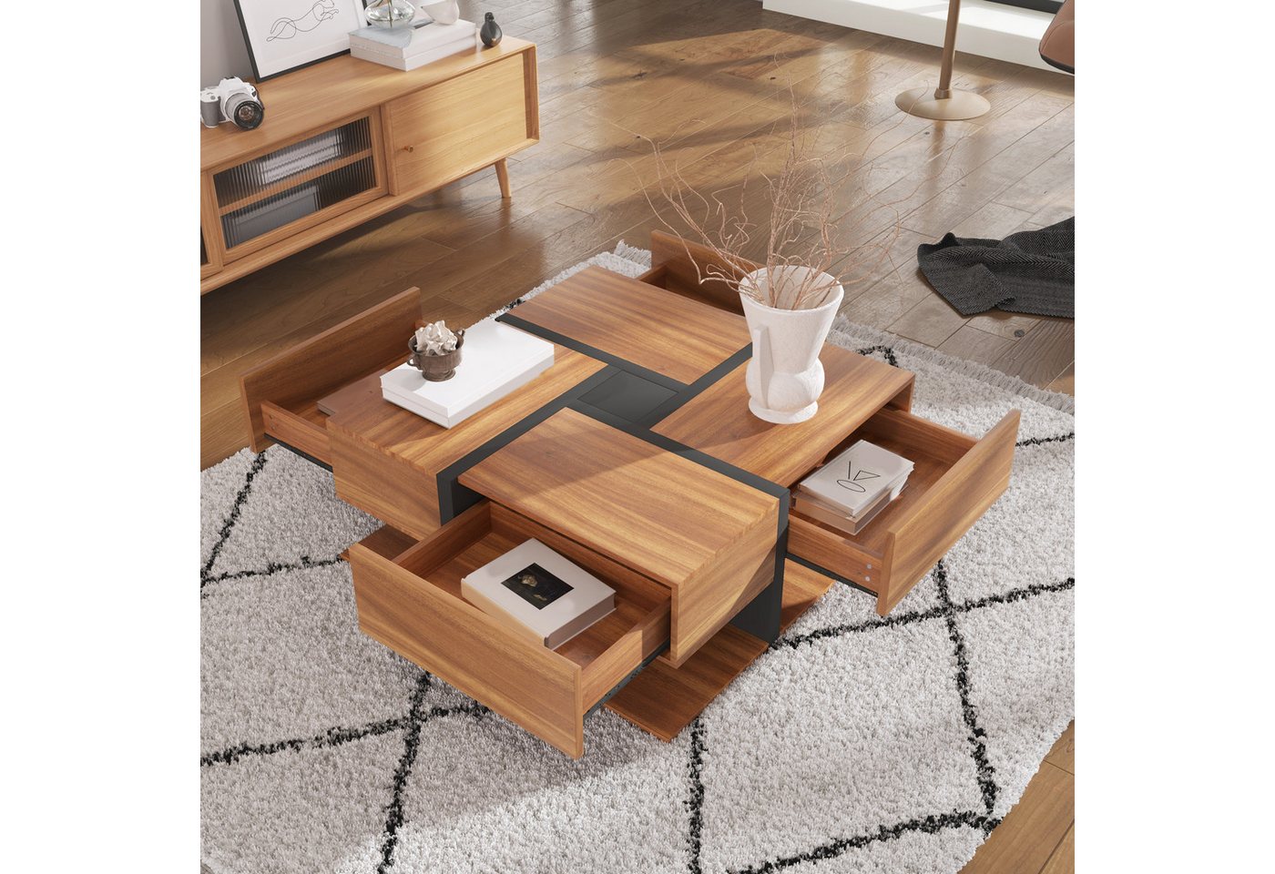 BBWL Couchtisch 78 x 78 x 36 cm, 4 Schubladen, offenes Ablagefach, große Tischfläche (quadratisches Design, Linienmuster, Spanplatte, moderner Wohnzimmertisch) – Bild 5 von 5
