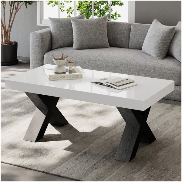 BBWL Couchtisch mit Hochglanzplatte, X-Beinen, MDF, moderner Wohnzimmertisch, Rechteck Couchtisch, Beistelltisch Weiß Schwarz 100x50x40cm