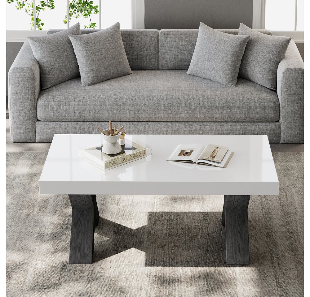 BBWL Couchtisch mit Hochglanzplatte, X-Beinen, MDF, moderner Wohnzimmertisch, Rechteck Couchtisch, Beistelltisch Weiß Schwarz 100x50x40cm – Bild 3 von 5