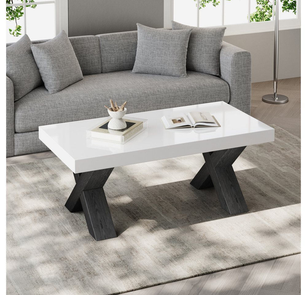 BBWL Couchtisch mit Hochglanzplatte, X-Beinen, MDF, moderner Wohnzimmertisch, Rechteck Couchtisch, Beistelltisch Weiß Schwarz 100x50x40cm – Bild 4 von 5