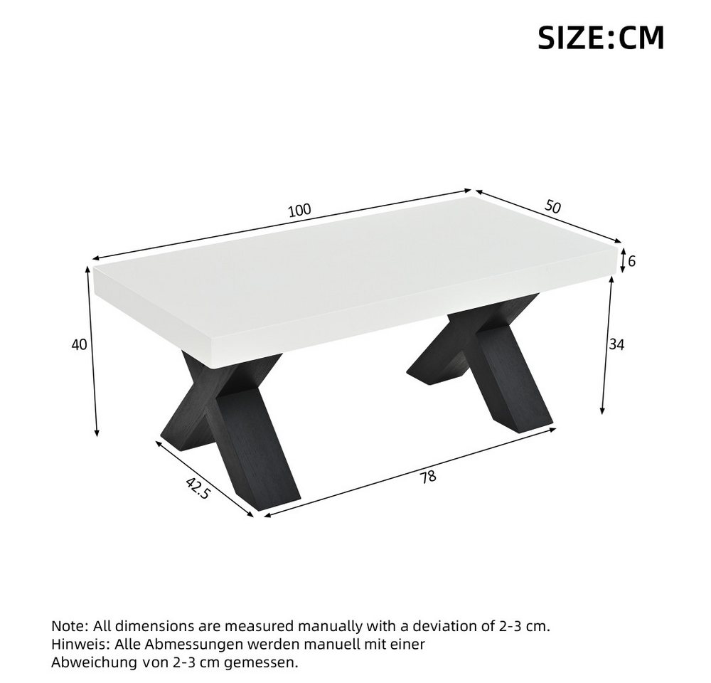 BBWL Couchtisch mit Hochglanzplatte, X-Beinen, MDF, moderner Wohnzimmertisch, Rechteck Couchtisch, Beistelltisch Weiß Schwarz 100x50x40cm – Bild 5 von 5