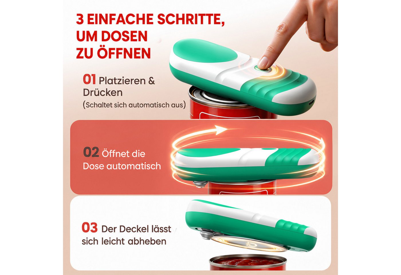 BBWL Elektrischer Dosenöffner freihändig, USB-C wiederaufladbar, für runde/ovale/eckige Dosen, sicher & hygienisch, automatische Abschaltung – Bild 4 von 5