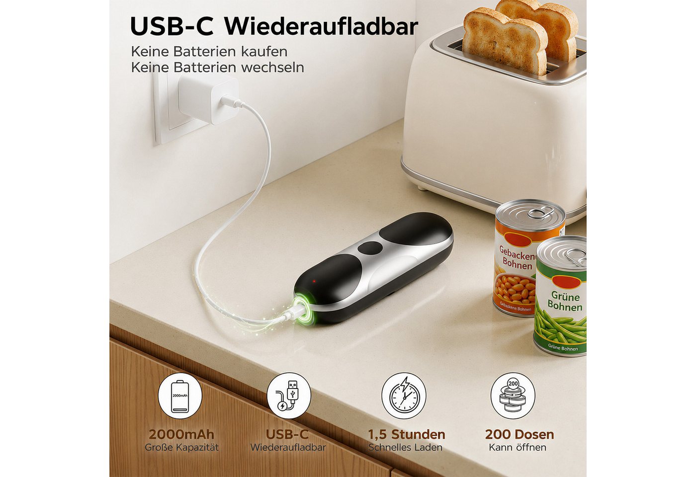 BBWL Elektrischer Dosenöffner Dosenöffner mit USB-C, 2000mAh Akku, freihändige Ein-Knopf-Bedienung, automatischer Stopp, keine scharfen Kanten – Bild 4 von 5