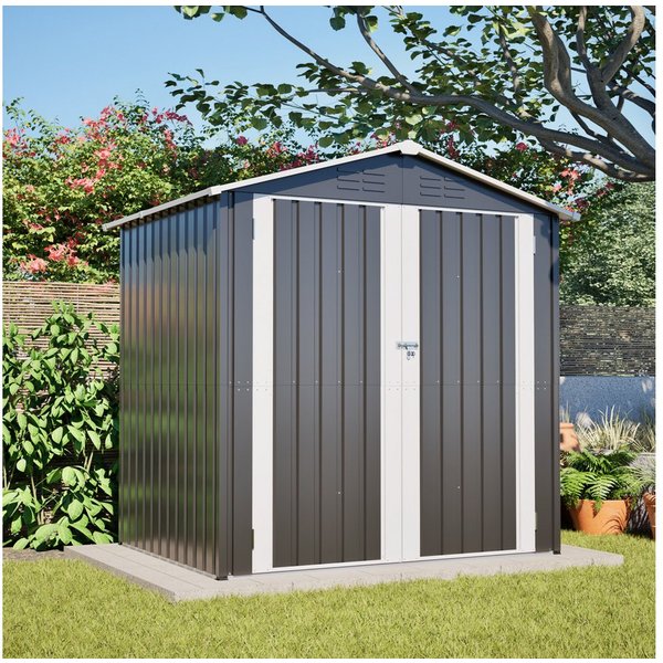 BBWL Gerätehaus 185x142 cm Gartenhaus mit Fundament, abschließbarer Tür, Belüftung, BxT: 185.4x142.3 cm, Metall Geräteschuppen, wetterfest, Grau