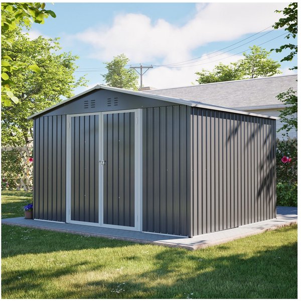 BBWL Gerätehaus 300x252x191 cm mit Satteldach, Schiebetüren, Belüftung, Stahlrahmen, BxT: 300x252 cm, Metall Geräteschuppen Gartenhaus XXXL für Werkzeug