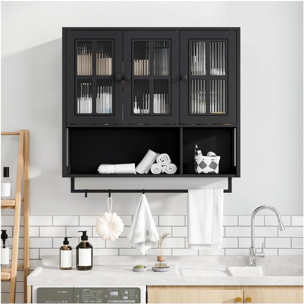 BBWL Hängeschrank mit 3 Türen, Glasfront, Handtuchhalter & Stauraum, moderner Badezimmer Wandschrank, Hängeschrank für Bad Wohnzimmer