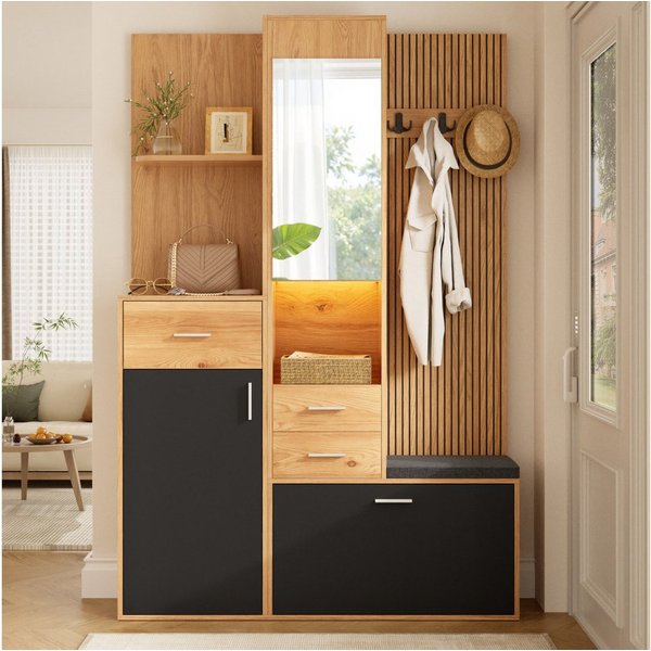 BBWL Kompaktgarderobe mit Schuhschrank, Spiegel, Sitzbank, Schubladen und Garderobenhaken Kompaktgarderobe mit LED-Beleuchtung, App-Steuerung