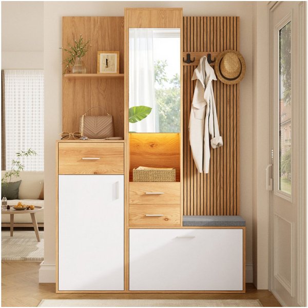 BBWL Kompaktgarderobe mit Schuhschrank, Spiegel, Sitzbank, Schubladen und Garderobenhaken Kompaktgarderobe mit LED-Beleuchtung, App-Steuerung