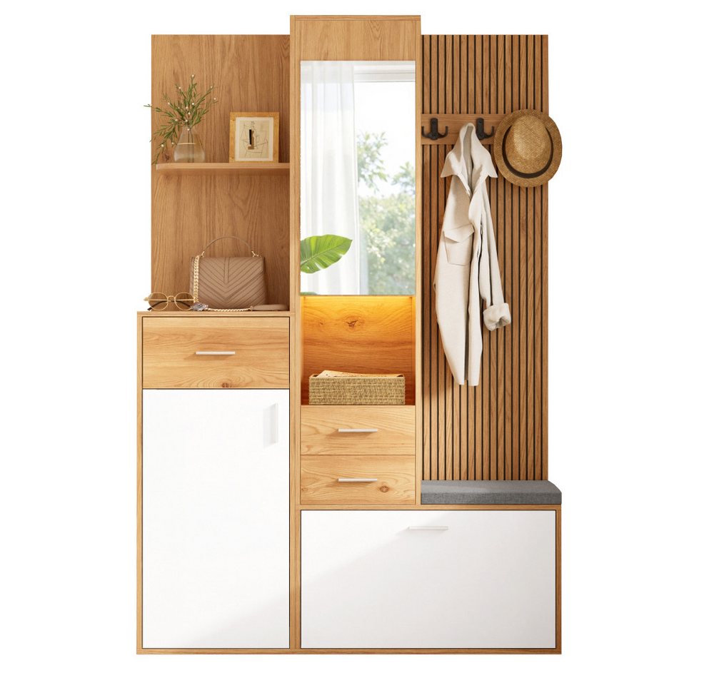 BBWL Kompaktgarderobe mit Schuhschrank, Spiegel, Sitzbank, Schubladen und Garderobenhaken Kompaktgarderobe mit LED-Beleuchtung, App-Steuerung – Bild 2 von 5