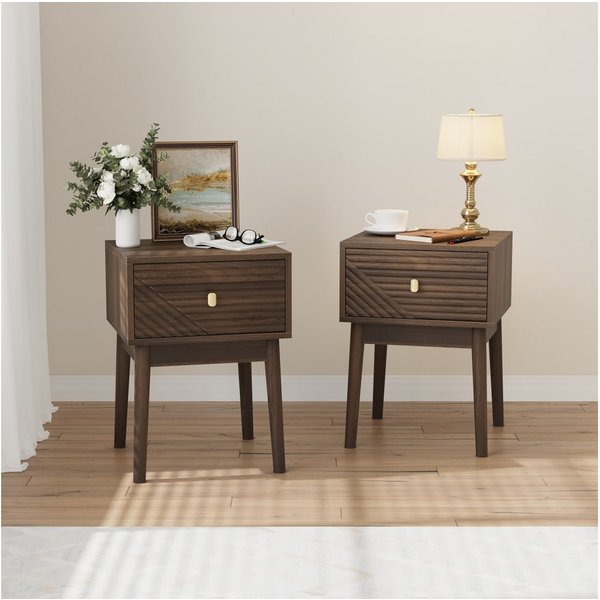 BBWL Nachttisch 2er-Set, 40 x 40 x 55 cm, mit 2 Schubladen je Tisch, MDF-Korpus, Massivholzbeine, Metallgriffe, Mid-Century-Design