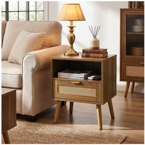 BBWL Nachttisch mit Rattan-Front, 1 Schublade, offenes Regal, Mid-Century-Design, Massivholzbeine, 45 x 40 x 55 cm