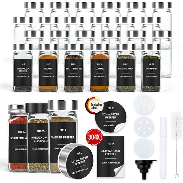 BBWL Pfefferstreuer Gewürzgläser Set eckig 120 ml mit Zubehör, 12er, 24er oder 36er Set, (24-tlg), luftdichte Gewürzdosen aus Glas mit Etiketten für Schubladen&