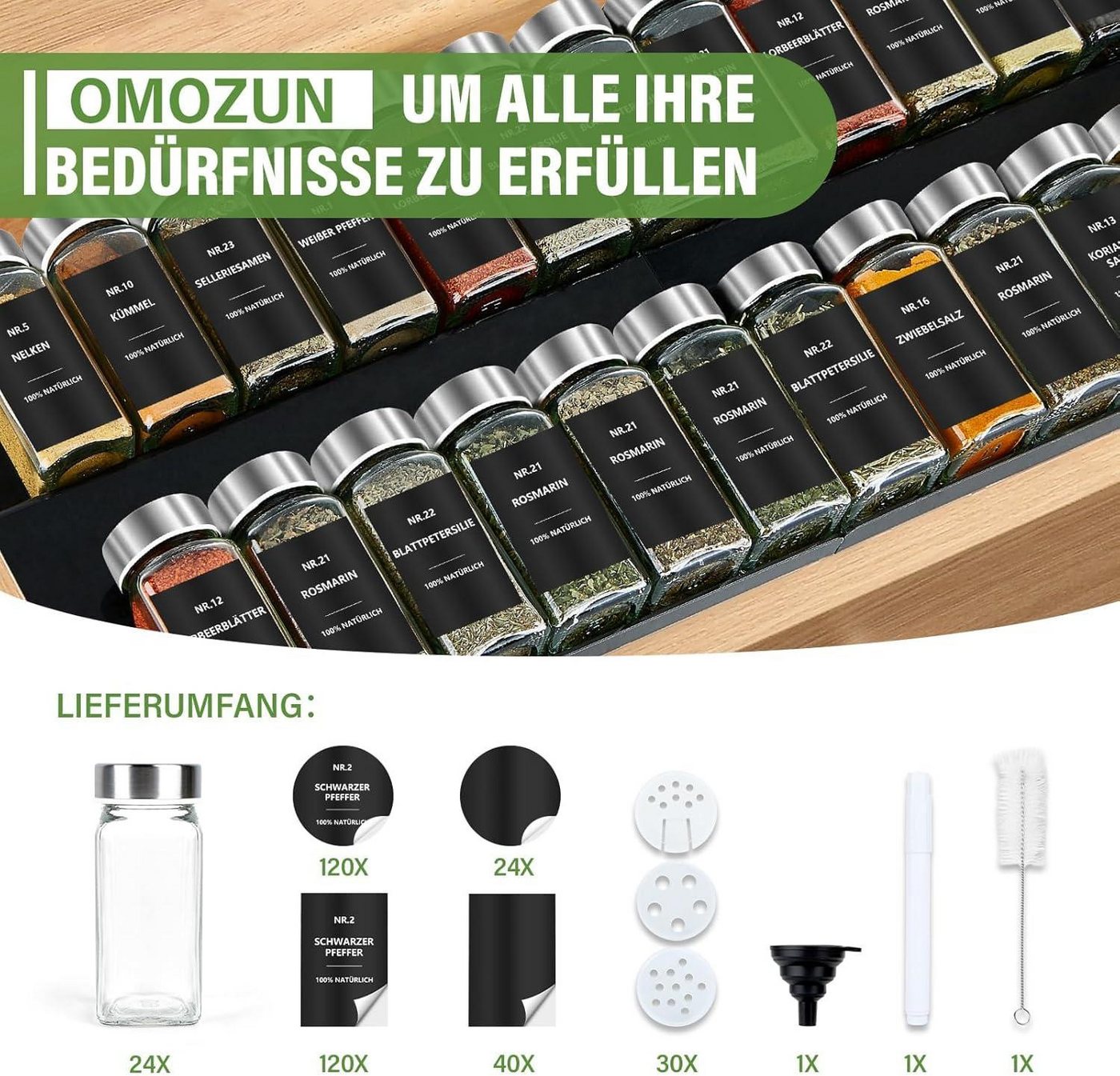 BBWL Pfefferstreuer Gewürzgläser Set eckig 120 ml mit Zubehör, 12er, 24er oder 36er Set, (24-tlg), luftdichte Gewürzdosen aus Glas mit Etiketten für Schubladen& – Bild 2 von 5