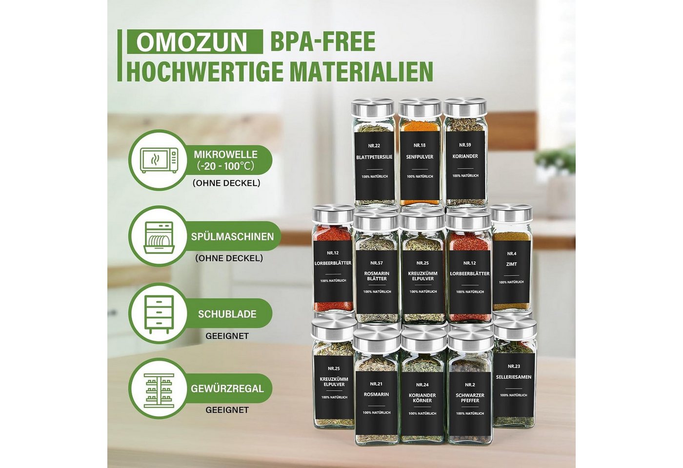 BBWL Pfefferstreuer Gewürzgläser Set eckig 120 ml mit Zubehör, 12er, 24er oder 36er Set, (24-tlg), luftdichte Gewürzdosen aus Glas mit Etiketten für Schubladen& – Bild 3 von 5