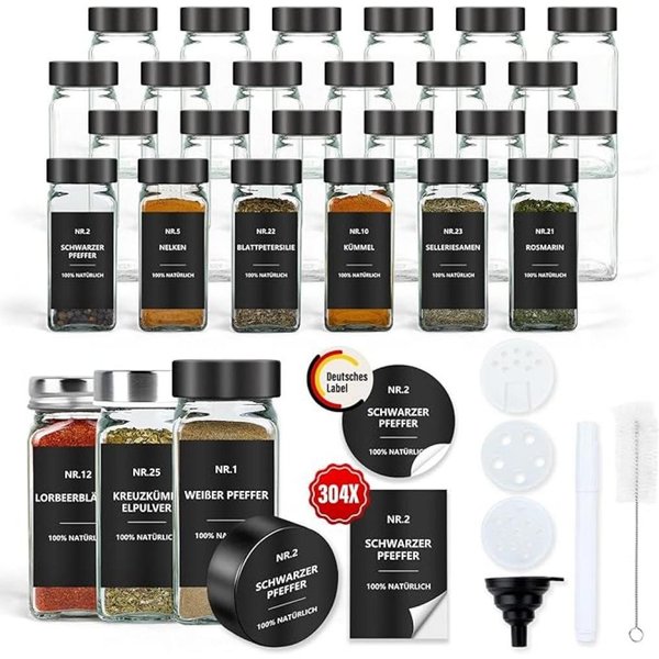 BBWL Pfefferstreuer Gewürzgläser Set eckig 120 ml mit Zubehör, 12er, 24er oder 36er Set, (24-tlg), luftdichte Gewürzdosen aus Glas mit Etiketten für Schubladen&