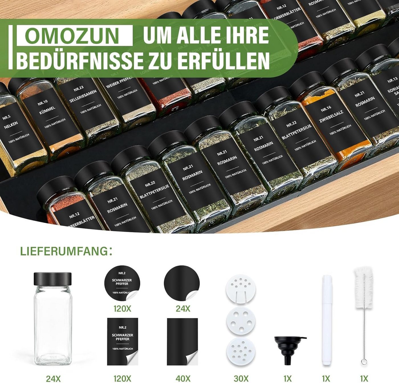 BBWL Pfefferstreuer Gewürzgläser Set eckig 120 ml mit Zubehör, 12er, 24er oder 36er Set, (24-tlg), luftdichte Gewürzdosen aus Glas mit Etiketten für Schubladen& – Bild 2 von 5