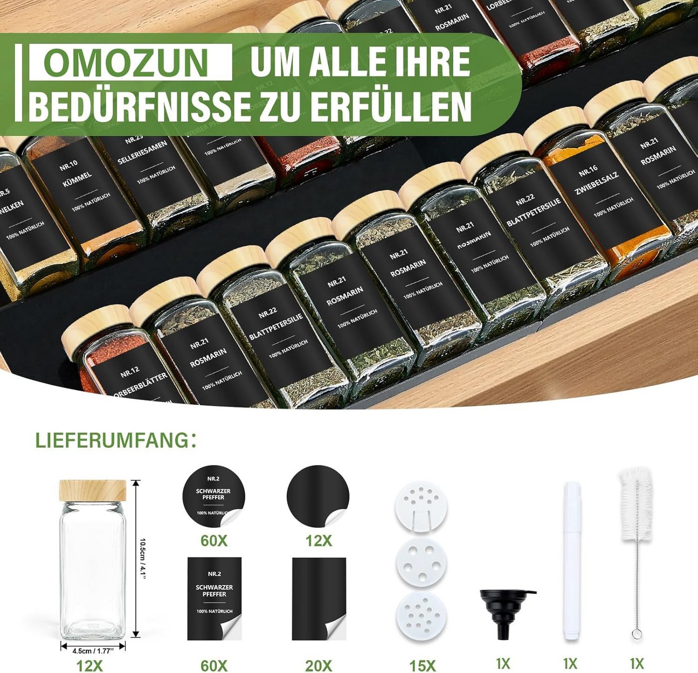 BBWL Pfefferstreuer Gewürzgläser Set eckig 120 ml mit Zubehör, 12er, 24er oder 36er Set, (12-tlg), luftdichte Gewürzdosen aus Glas mit Etiketten für Schubladen& – Bild 3 von 5