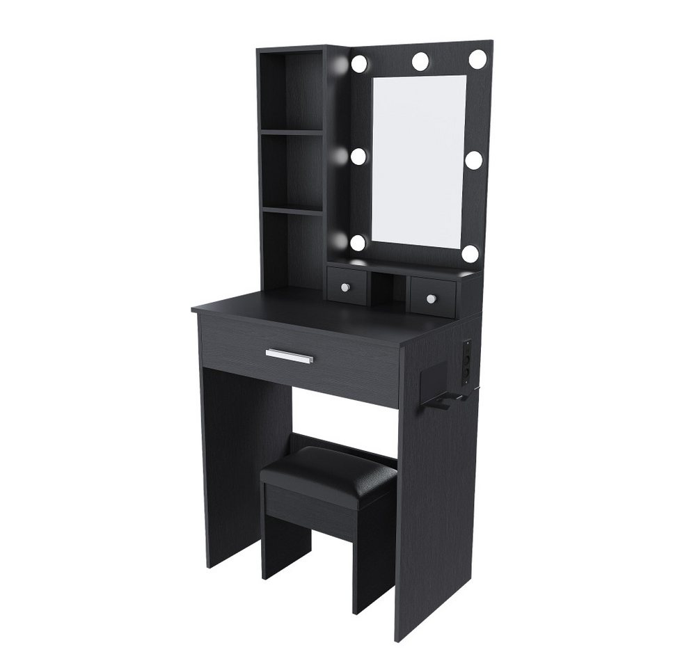 BBWL Schminktisch klein mit LED Spiegel Steckdose Hocker Frisiertisch 60cm, mit Schubladen Regal Haartrockner Halter – Bild 4 von 5