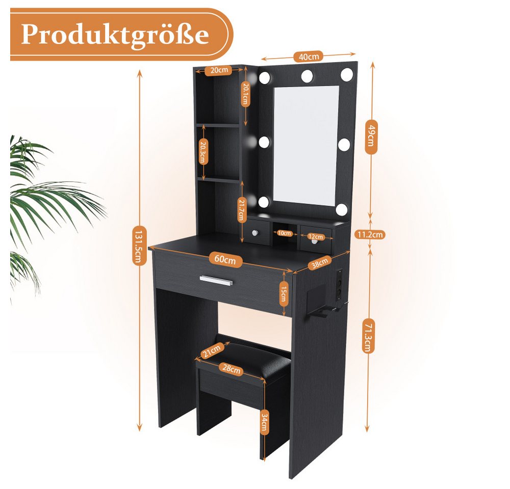 BBWL Schminktisch klein mit LED Spiegel Steckdose Hocker Frisiertisch 60cm, mit Schubladen Regal Haartrockner Halter – Bild 5 von 5