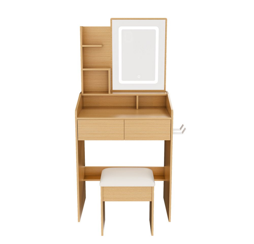 BBWL Schminktisch LED Spiegel kompakt mit Hocker Stromanschluss Fönhalter Stauraum Holz, Schminktisch modern für kleine Räume Schlafzimmer – Bild 2 von 5