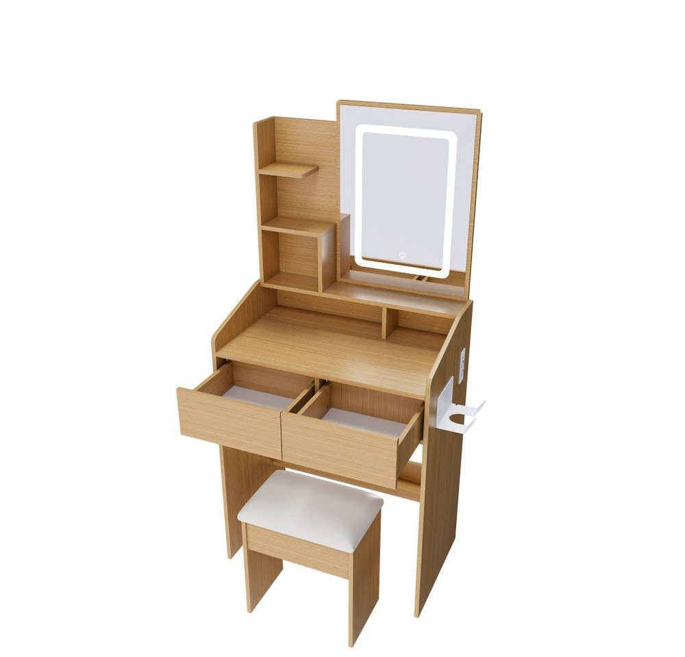 BBWL Schminktisch LED Spiegel kompakt mit Hocker Stromanschluss Fönhalter Stauraum Holz, Schminktisch modern für kleine Räume Schlafzimmer – Bild 3 von 5