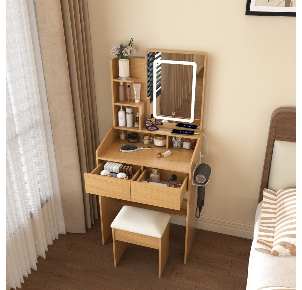 BBWL Schminktisch LED Spiegel kompakt mit Hocker Stromanschluss Fönhalter Stauraum Holz, Schminktisch modern für kleine Räume Schlafzimmer – Bild 4 von 5
