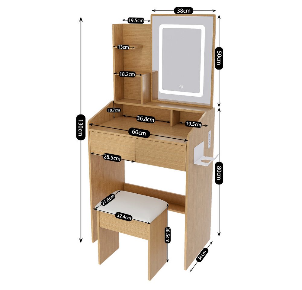 BBWL Schminktisch LED Spiegel kompakt mit Hocker Stromanschluss Fönhalter Stauraum Holz, Schminktisch modern für kleine Räume Schlafzimmer – Bild 5 von 5