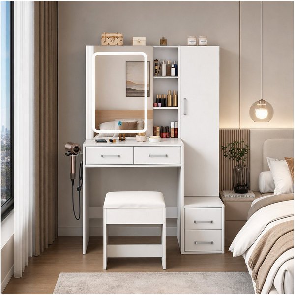 BBWL Schminktisch mit LED-Spiegel, 4 Schubladen & 1 Tür (MDF-Platten, USB-Anschluss), dimmbares Licht, platzsparend & pflegeleicht, mit Hocker