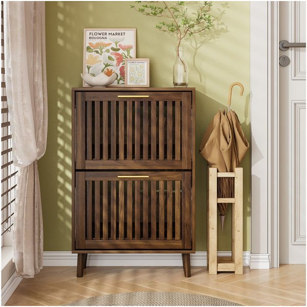 BBWL Schuhschrank Walnuss 60 x 24 x 93 cm, 2 Klappfächer, verstellbare Einlegeböden offenes Schuhfach, Kippschutz