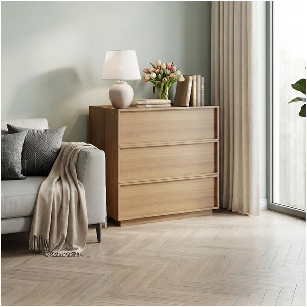 BBWL Stauraumschrank Kommode Holz Eiche 3 Schubladen, Sideboard Schlafzimmer Wohnzimmer Modern Aufbewahrungsschrank, stabil, grifflos, vielseitig