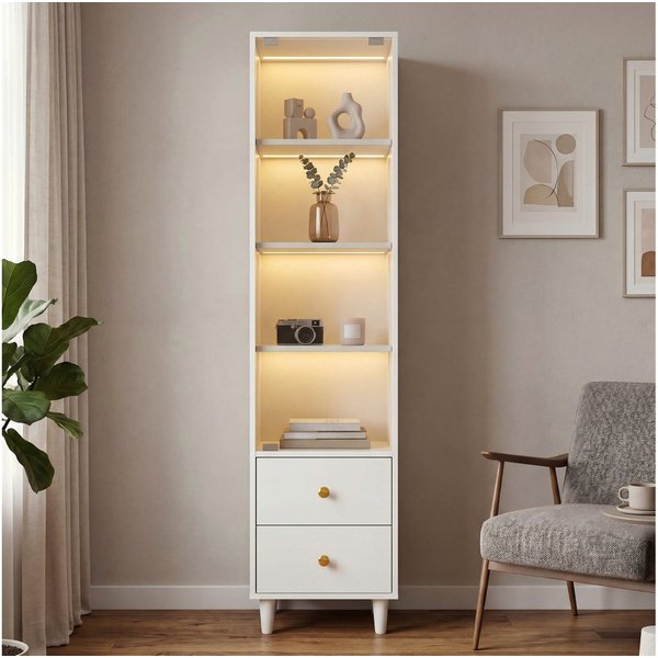 BBWL Vitrine mit LED-Beleuchtung, Bücherschrank aus Holz, Glastür & 2 Schubladen (Vitrinen-Hochschrank, Retro-Design mit goldfarbenen Griffen)
