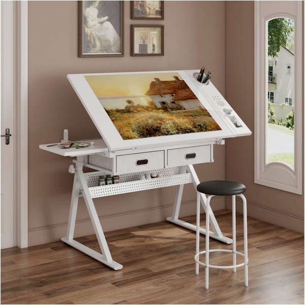BBWL Zeichentisch mit 2 Schubladen MDF Holz Schreibtisch inkl Hocker, Zeichentisch höhenverstellbar für Home Office Schule