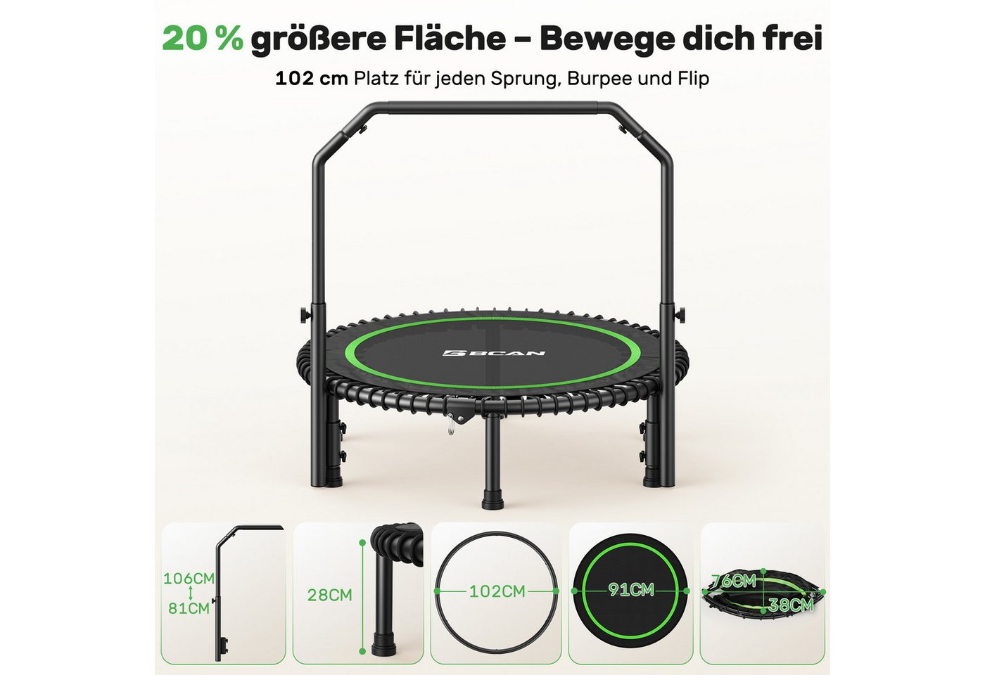 BCAN Fitnesstrampolin Rebounder-Trampolin Erwachsene, 102/122cm 204/250kg, Ø 102 cm, (1 tlg), Bungee-Seilen Verstellbarer Griff Indoor&Outdoor – Bild 2 von 5