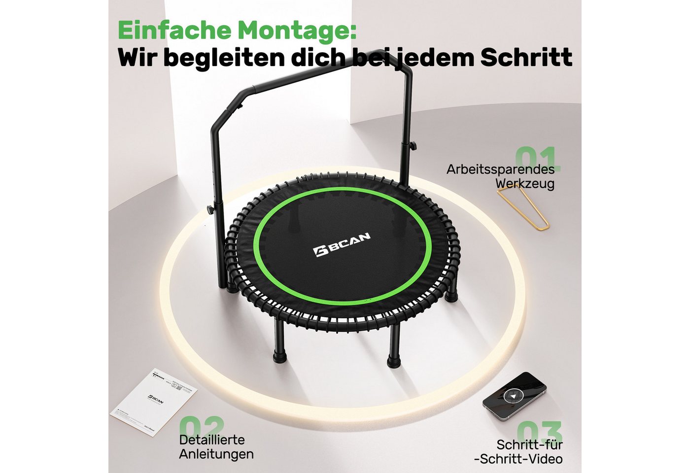 BCAN Fitnesstrampolin Rebounder-Trampolin Erwachsene, 102/122cm 204/250kg, Ø 102 cm, (1 tlg), Bungee-Seilen Verstellbarer Griff Indoor&Outdoor – Bild 3 von 5