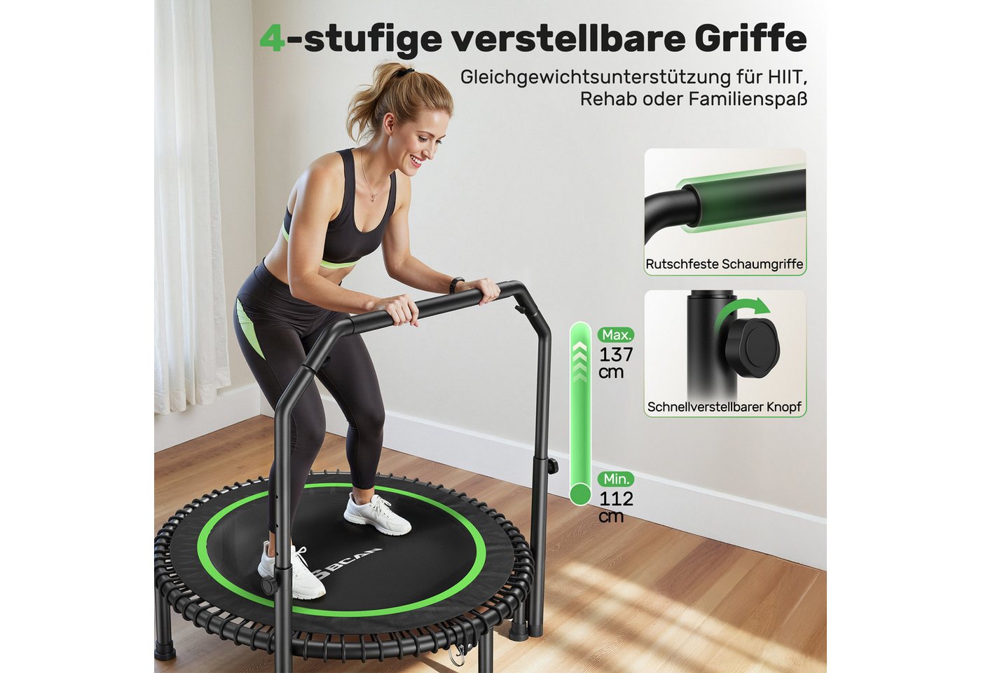 BCAN Fitnesstrampolin Rebounder-Trampolin Erwachsene, 102/122cm 204/250kg, Ø 102 cm, (1 tlg), Bungee-Seilen Verstellbarer Griff Indoor&Outdoor – Bild 4 von 5
