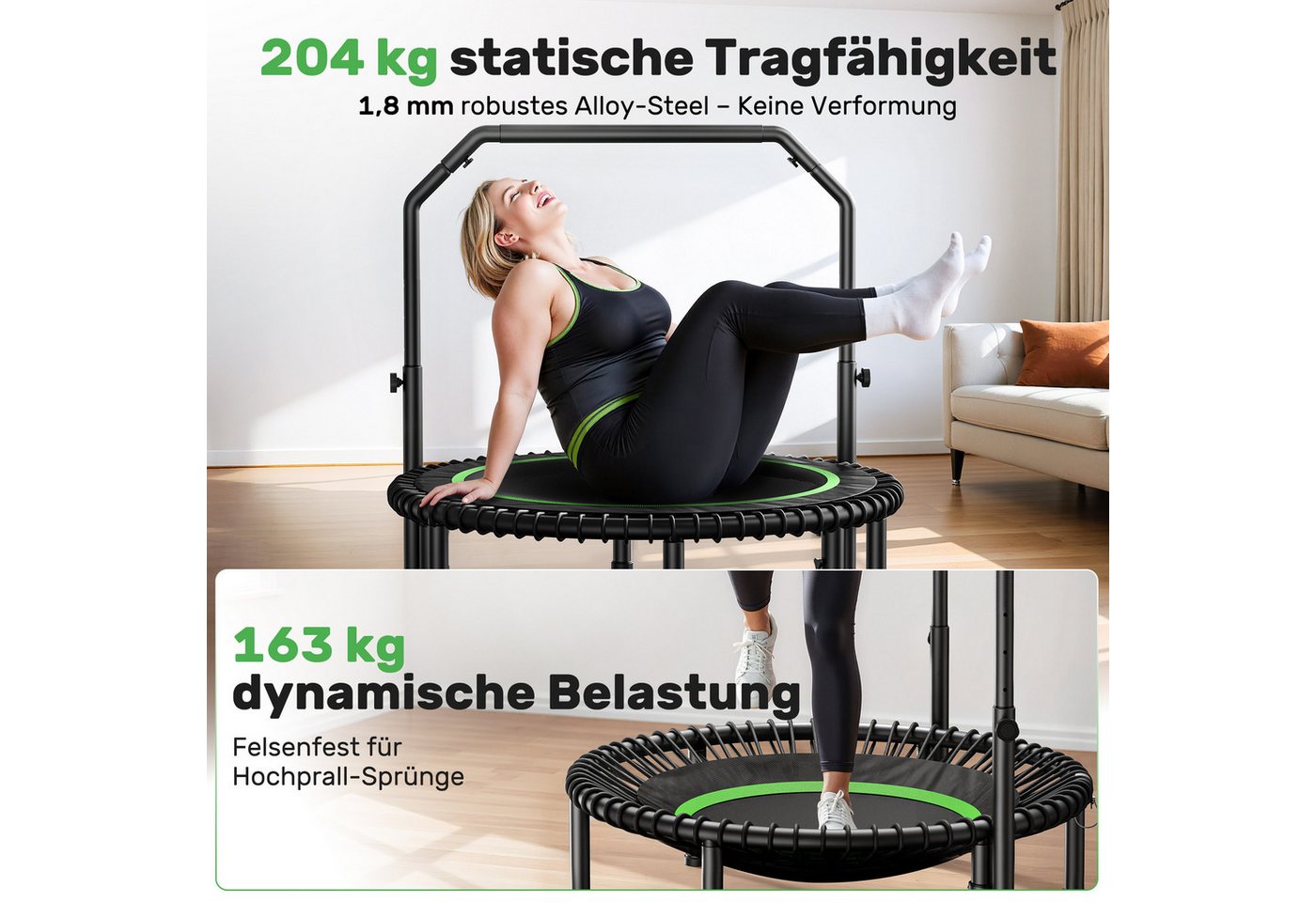 BCAN Fitnesstrampolin Rebounder-Trampolin Erwachsene, 102/122cm 204/250kg, Ø 102 cm, (1 tlg), Bungee-Seilen Verstellbarer Griff Indoor&Outdoor – Bild 5 von 5
