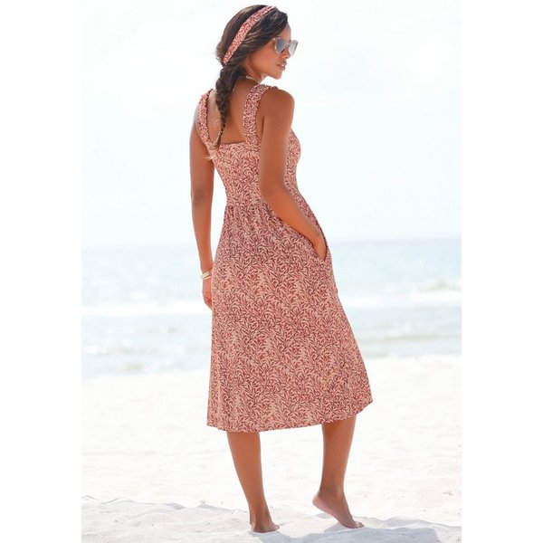 Beachtime by Lascana Jerseykleid mit Taschen, kniebedeckendes Sommerkleid aus Viskose mit Blätterdruck Luftiges Strandkleid, Trägerkleid, Midikleid, figurumspie